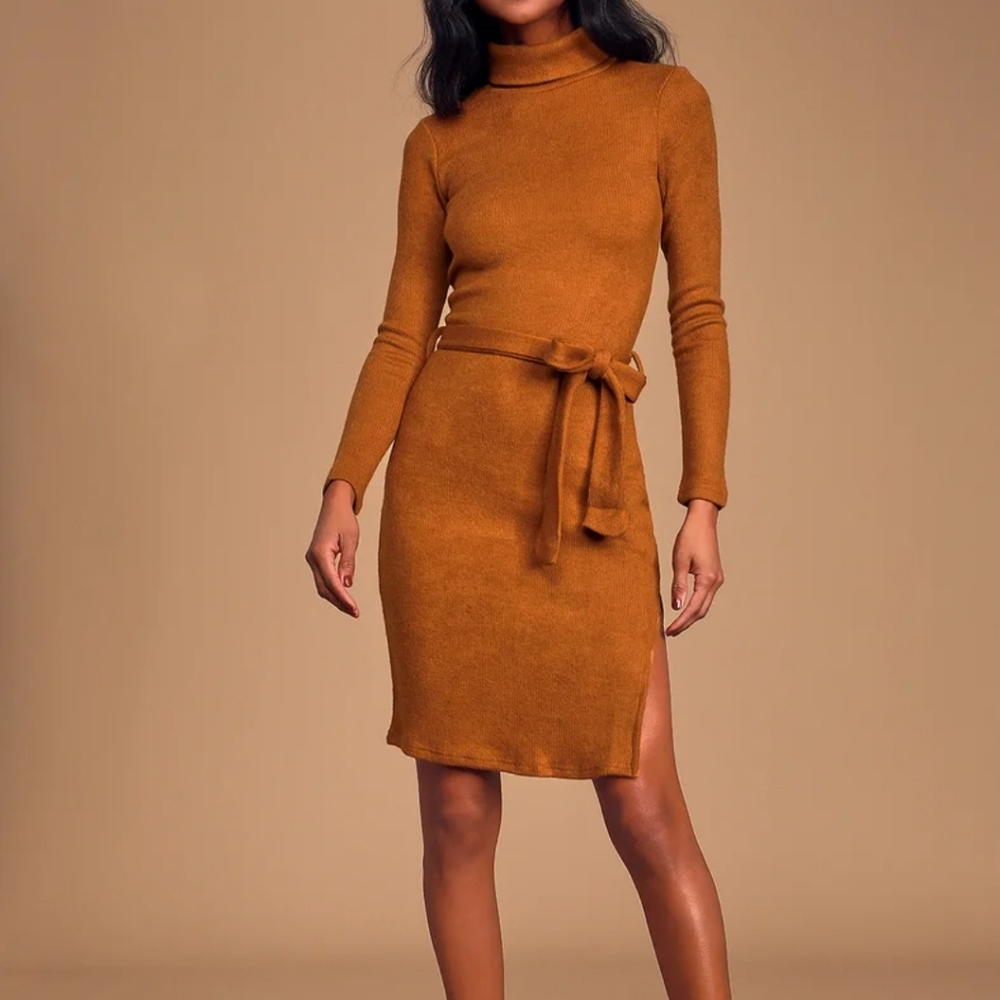 Lulus Something Something Special Camel Belted Turtleneck Sweater Dress …